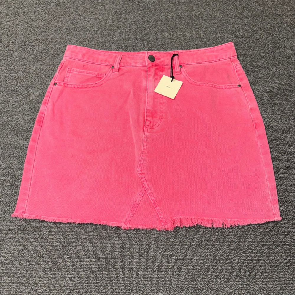 TGLA Hot Pink Denim Mini Skirt Frayed Hem Boho Preppy Coquette Size Medium